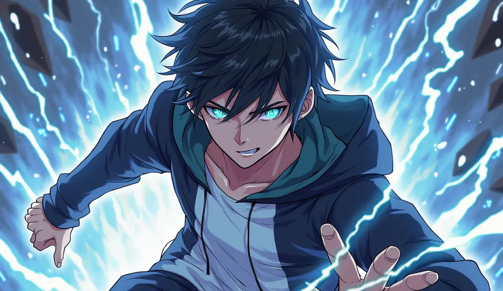 A dynamic anime-style illustration of a young male protagonist with intense glowing blue eyes and dark, tousled hair. He wears a stylish black and white hoodie, with energy crackling around him, emitting a powerful aura. His expression is confident and det...