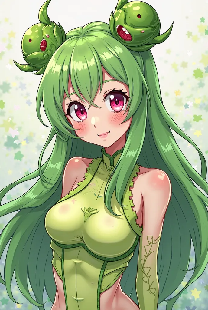 vtuber idol concept, japanese, venus fly trap woman, venus flytrap hair buns, bright pink eyes, concept art, lineart, 2D, green, plant girl, venus fly trap hair, thick lineart, 2010s anime, venus flytrap claw buns, long back hair, boobs, 23 years old