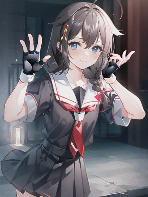 Shigure \(Kantai Collection\), 1 girl, Alone,  gloves, fingerless  gloves, Black, white black, cowboy shooting, White sailor collar,   black hair, red tie, smile, viewers, closed mouth, original, intricate details,  illustration of a woman with a penis , m...