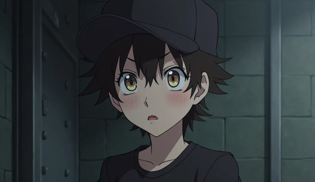 Anime where a frightened boy looks sideways wearing a black cap and black shirt