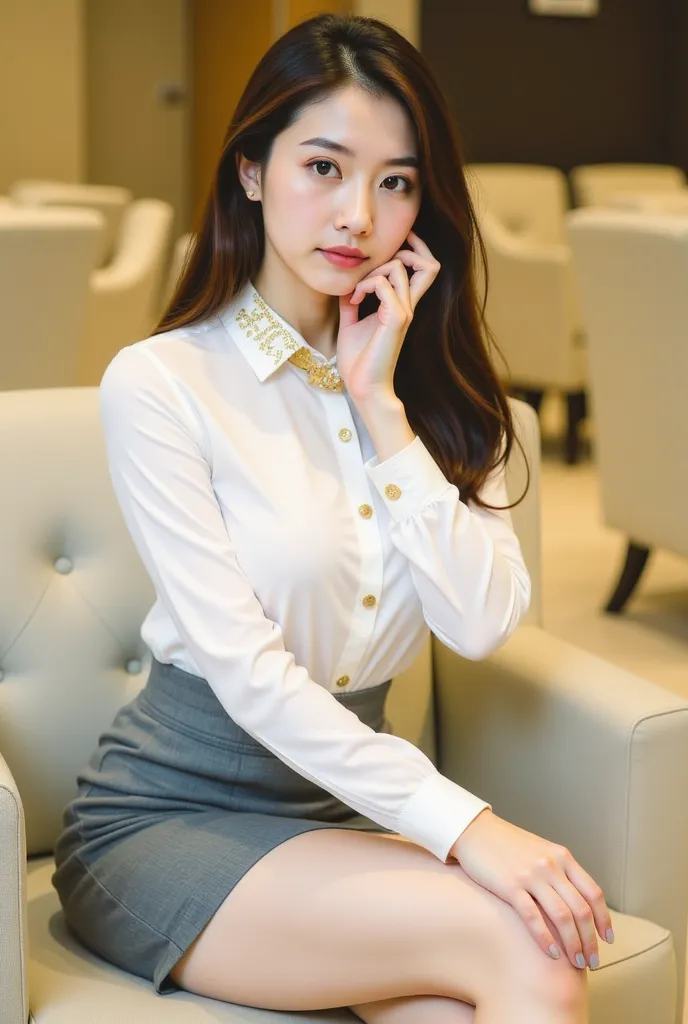 a young woman seated on a light-colored chair in an indoor setting, likely an office or lounge. She has long, dark hair styled neatly, and her expression is poised and confident. She is dressed in a professional yet stylish outfit, consisting of a white bl...