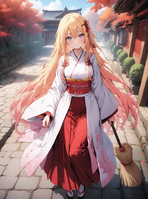 score_9, score_8_up, score_7_up,  source_anime, chitoge kirisaki, long hair, blue eyes, blond hair, ribbons,  o, very long hair, multicolored hair, red ribbons, gradation hair, medium chest,Shrine maiden,  Japanese Clothes,  white kimono , kimono, Red Haka...