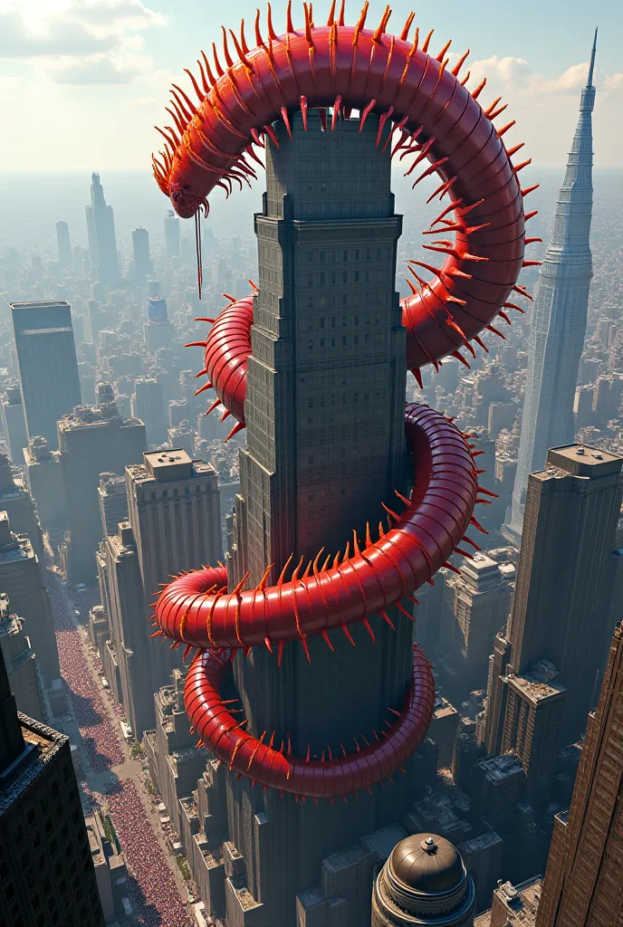 A giant red-headed Chinese centipede twirling around a huge building in the city of Tokyo 