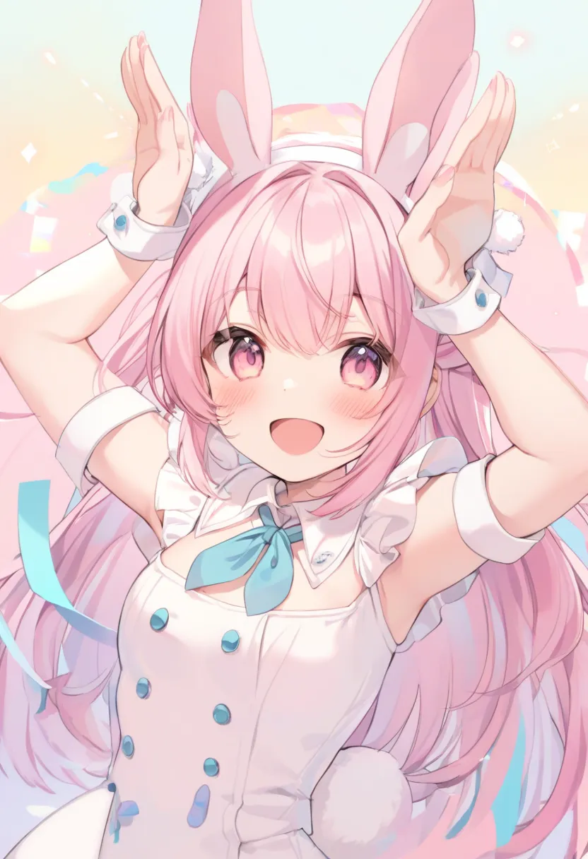 girl,pink hair,rabbit ear,rabbit tail,rabbit pose,smile,open mouth