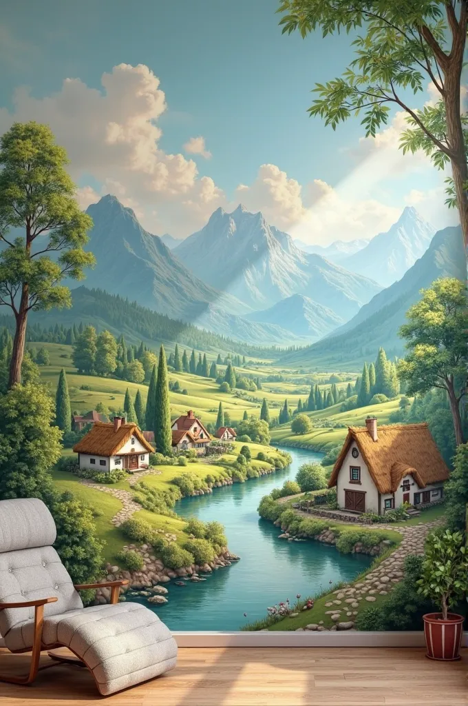 Create a painting on the wall and the height of the wall is 10 feet and 5 feet width  create a beautiful nature painting village backdrop village setup