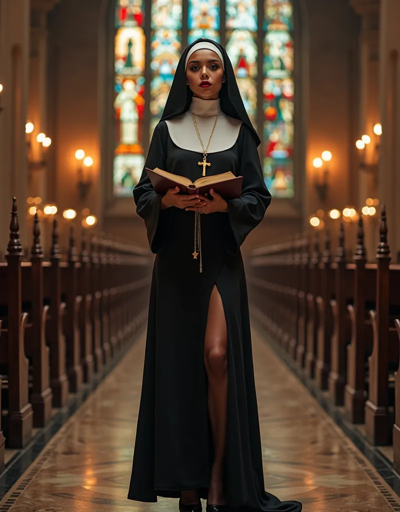 ((full-body shot)), ((head to toe visible)), ((standing with space around)), ((tall vertical framing)), hot female nun, black religious habit, tight fabric, low-cut white wimple, high slit in habit, sheer black pantyhose, glossy black stiletto heels, bold ...