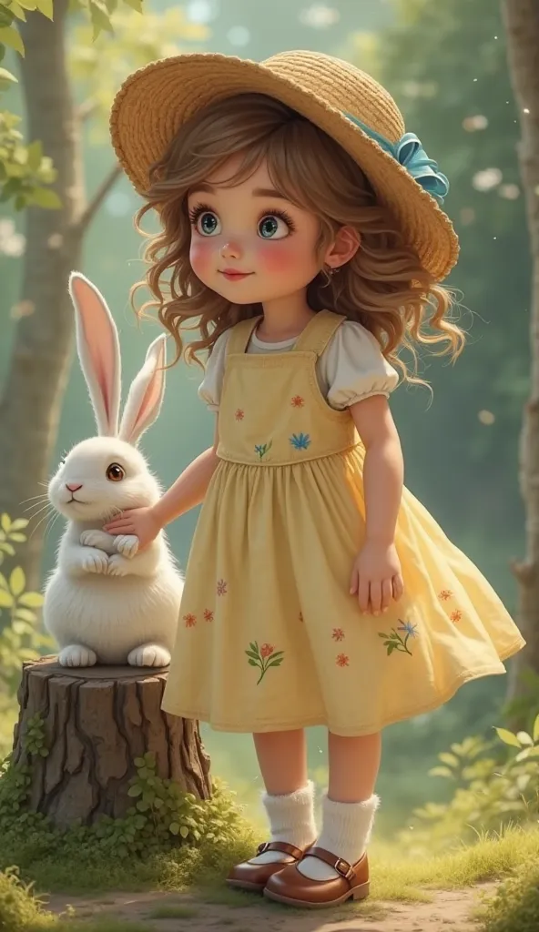  A  girl 
Appearance: Golden-brown curls that bounce as she moves, big hazel eyes full of wonder, and rosy cheeks. Wearing a light yellow sundress with tiny embroidered flowers, white socks, and  Mary Jane shoes.  A straw hat with a blue ribbon, slightly t...