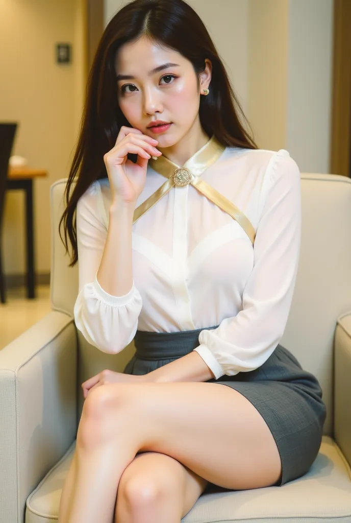 a young woman seated on a light-colored chair in an indoor setting, likely an office or lounge. She has long, dark hair styled neatly, and her expression is poised and confident. She is dressed in a professional yet stylish outfit, consisting of a white bl...