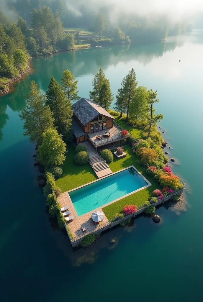 Birds eye perspective shot of 2-story floating L-shaped house with pool and living room on the ground floor
 house with lush green grass and colorful flowers, built on an island in a lake, covered in mist
