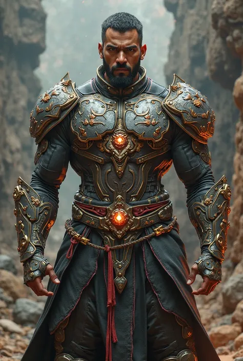 Make the myanmar character man wearing nanotechonology armor that might be Bagan Warrior armor and body is muscular and make superhero type /epic realism.