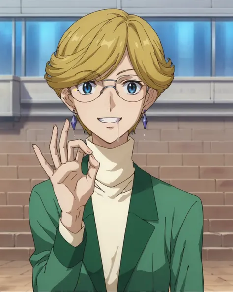 score_9,score_8_up,score_7_up,score_6_up,score_5_up,score_4_up,anime coloring BREAK source_anime,anime,,1 girl,Alone,blue eyes,blond hair,short hair,glass, jewelry,earrings,green jacket,white pants,smile,per body,viewers,portrait, smile, viewers,  shiny sk...