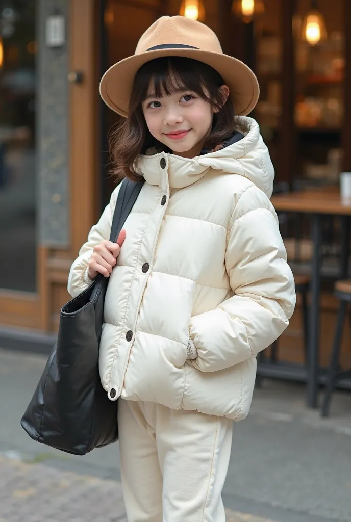 A young girl wearing a brown hat， facing me ，head slightly tilted，Looking at the ground，wearing a white down jacket in the reference picture，carrying a large black bag on one shoulder，The lower body is an off-white sweatpants，The picture shows only the gir...