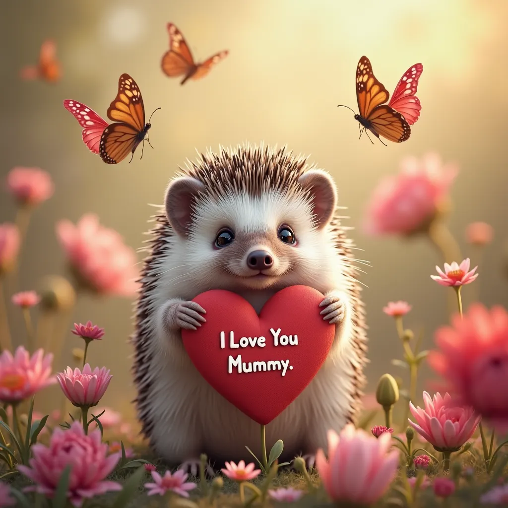 A beautiful Hedgehog in love smiles against a background of flowers and holds a Heart with the inscription "I Love You Mummy", while butterflies fly around, beautiful colours ,4K, flowers, realistic cinematic, high quality ,