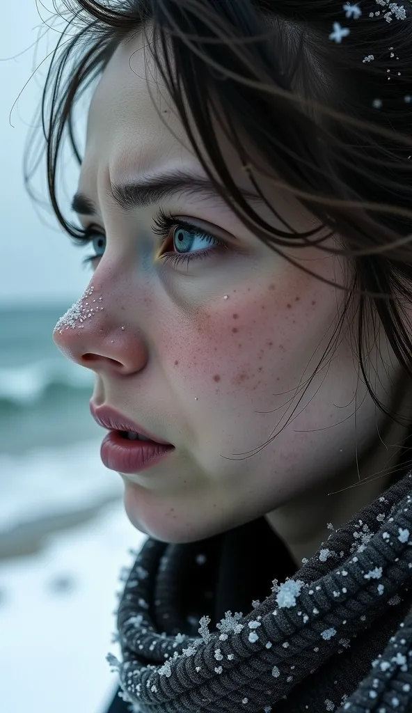 Close view Beautiful woman face with big tears in her eyes heartbroken
The woman has a pain expression on her face is standing in the cold hair hair is frozen, her  scarf is black slitly frozen
Ocean in winter far view
Wind 
Tears in the eyes crying
Pain e...