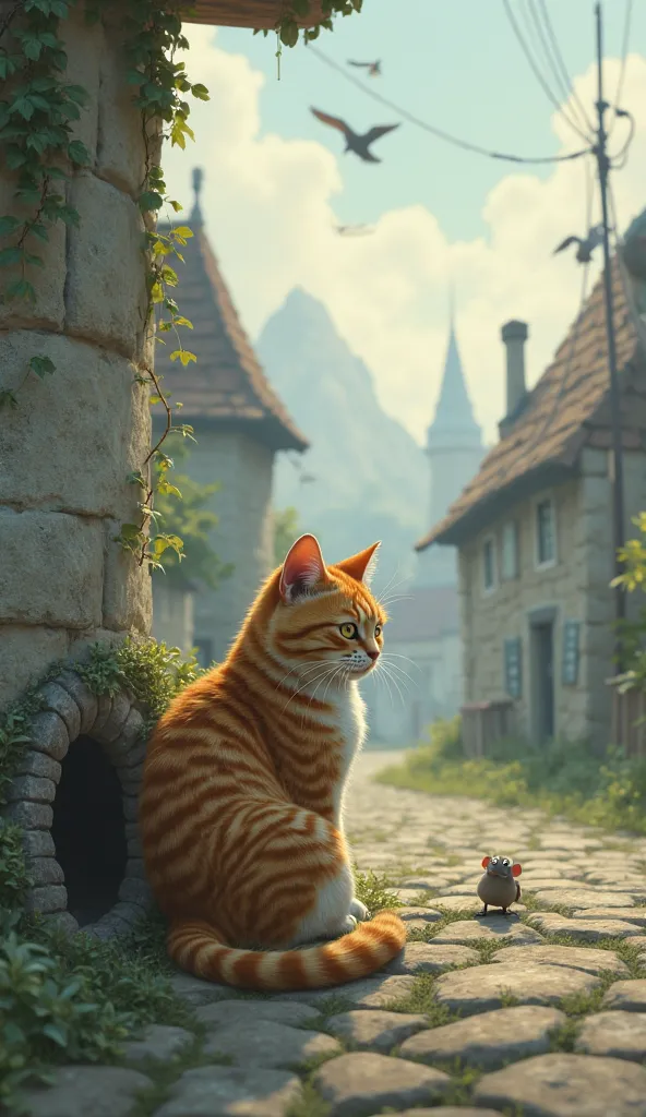 Prompt:
"The cat sitting alone near the mouse hole, looking sad and frustrated. Its ears are slightly drooped, and its tail is curled around its body. The background shows the peaceful village setting, with birds flying in the sky. The cat seems to be thin...