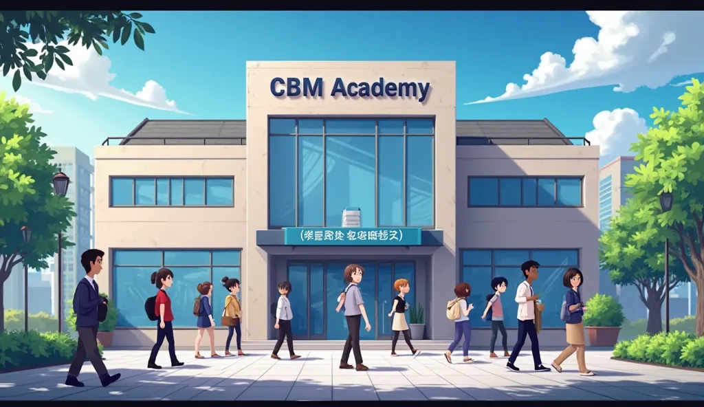 Create an animated image of an it training center. 'CBM ACADEMY' must write in Building Front. Students are coming to center.