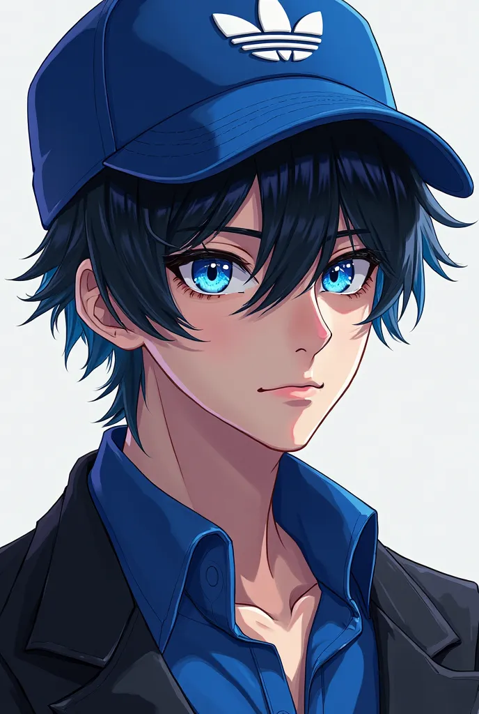 adult anime man with black hair and blue highlights and with black jacket and blue shirt and blue eyes and with Adidas cap and with lenses 