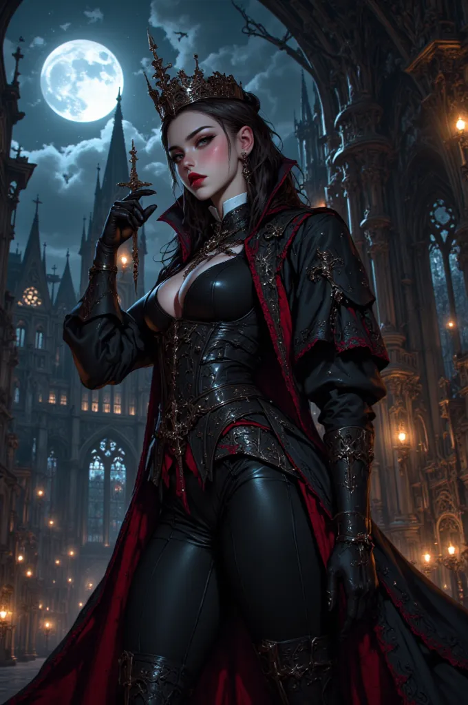 A seductive vampire queen standing in a moonlit gothic castle. Her face is incredibly detailed, with piercing crimson eyes, flawless pale skin, and luscious dark lips. She wears a black, Victorian-style jacket and tight leather pants, accentuating her sens...