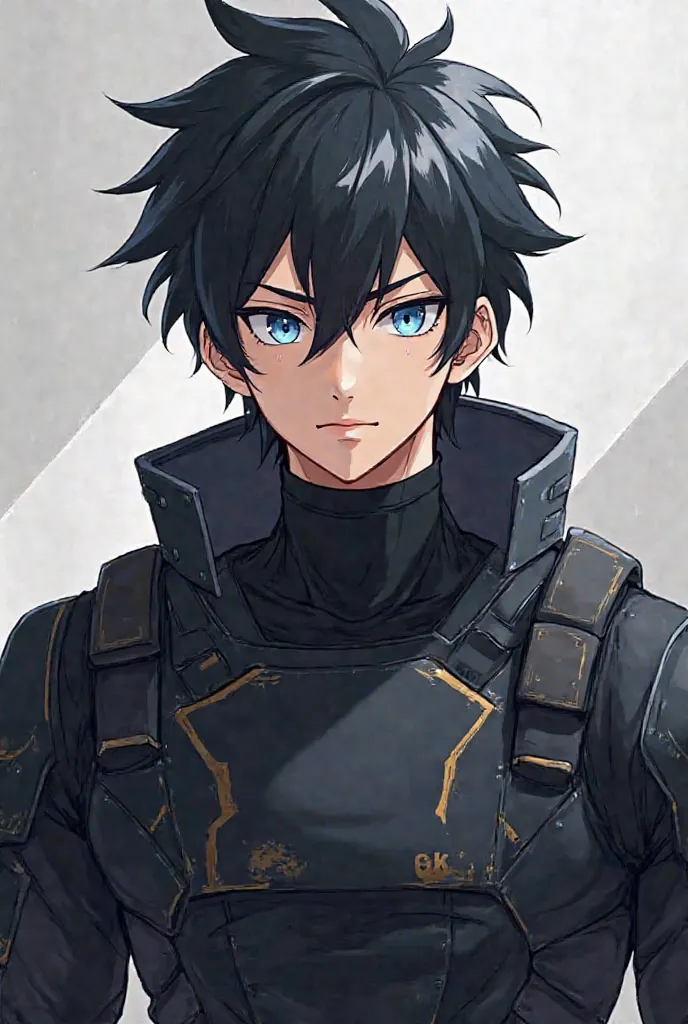 Adriel Ken is a Tall, muscular, dark messy two block hairstyles, piercing blue eyes, a striking mix of Asian and European features, younger look like a . Usually wears an advanced black combat suit. Create in anime style 