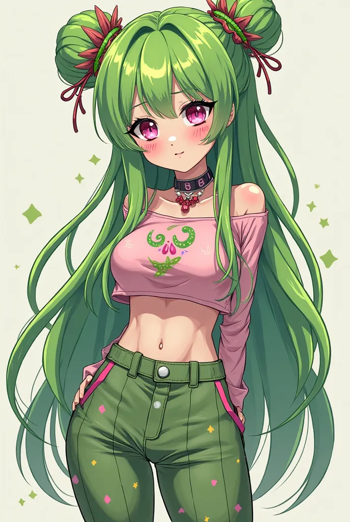 vtuber idol concept, japanese, venus fly trap woman, venus flytrap hair buns, bright pink eyes, concept art, lineart, 2D, green, plant woman, venus fly trap hair, thick lineart, 2010s anime, venus flytrap claw buns, long back hair, boobs, droopy gloomy got...