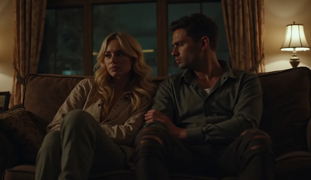 A dimly lit living room at night where Margaret (47, blonde, seductive yet regretful) and Adam (34, conflicted expression) sit closely on a couch. Their body language subtly communicates intimacy and secrecy. Ultra-realistic 4K with a dramatic, moody palet...