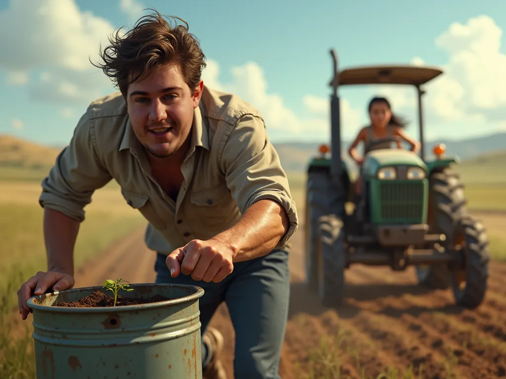 The guy runs to the planter, With tears in their eyes. In the background, a girl, tractor drill