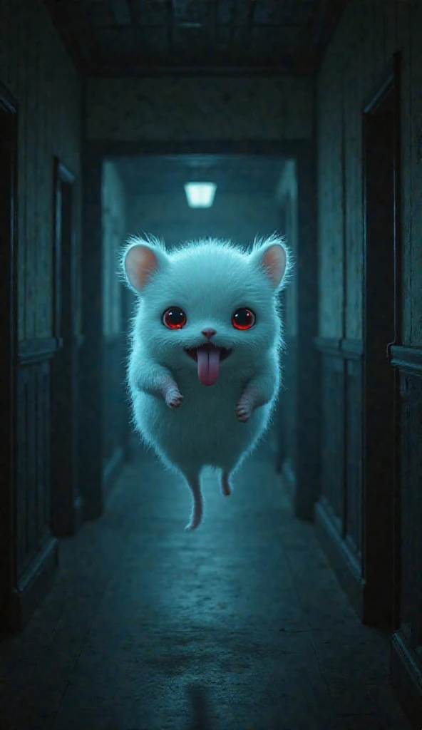  Fantastic　realistic footage　Japanese abandoned house　dark creepy wooden hallway　Floating　There is only one big red eyeball　cute fluffy round ghost with a light blue mouse　 sticking out a big tongue　only one big eyeball　Light blue aura　