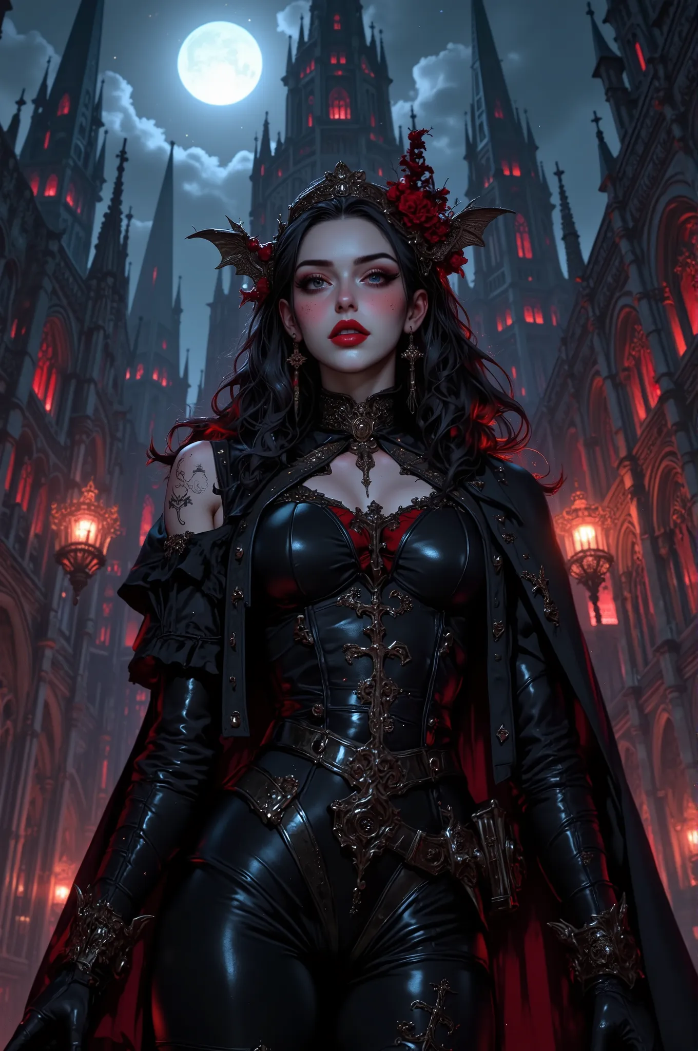 A seductive vampire queen standing in a moonlit gothic castle. Her face is incredibly detailed, with piercing crimson eyes, flawless pale skin, and luscious dark lips. She wears a black, Victorian-style jacket and tight leather pants, accentuating her sens...