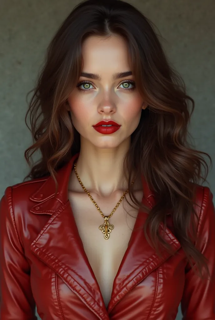 She must be a realistic woman with white skin and green eyes must have long brown wavy hair and wear a closed red leather mini jacket and a gold necklace with a red lipstick cuff