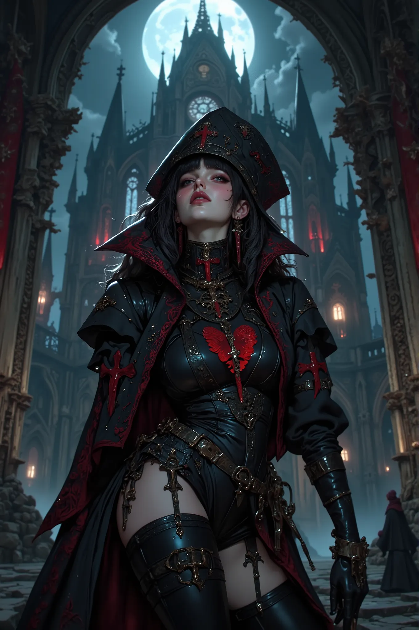 A seductive vampire queen standing in a moonlit gothic castle. Her face is incredibly detailed, with piercing crimson eyes, flawless pale skin, and luscious dark lips. She wears a black, Victorian-style jacket and tight leather pants, accentuating her sens...