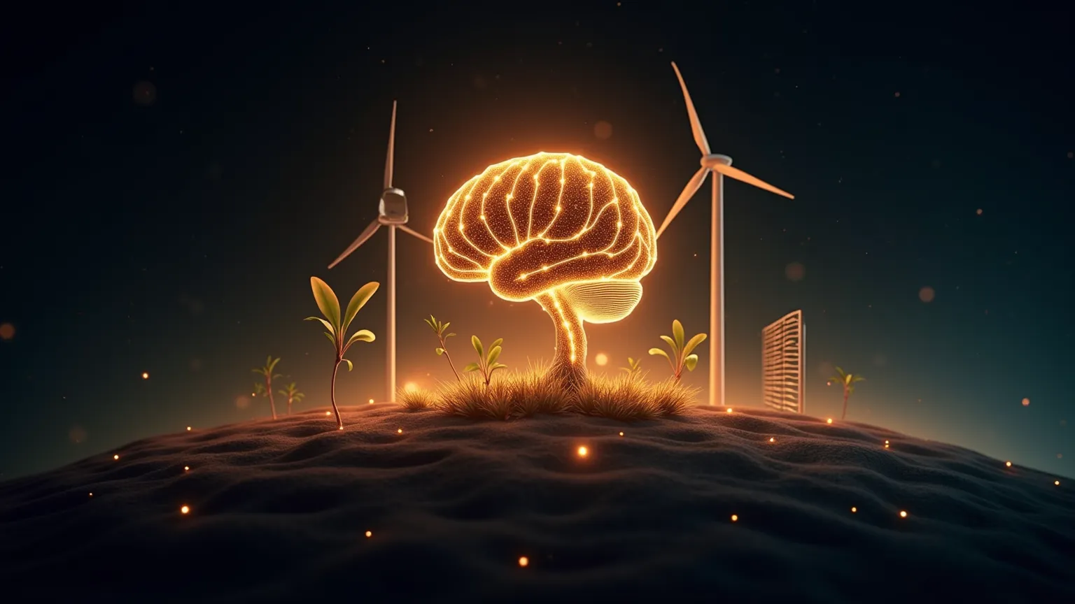 A futuristic, digital artwork representing the synergy between artificial intelligence and renewable energy. The central element is a glowing neural network in the shape of a human brain, composed of interconnected nodes and luminous golden lines, symboliz...