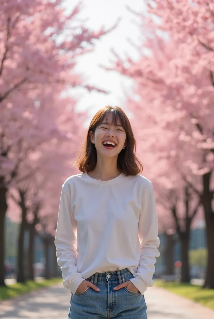 8k, RAW photo, top quality, masterpiece, realistic, photorealistic,  is a row of cherry blossom trees in front of the university entrance 、The place where you can see cherry blossoms in full bloom 、The main character is a beautiful 22-year-old Japanese wom...