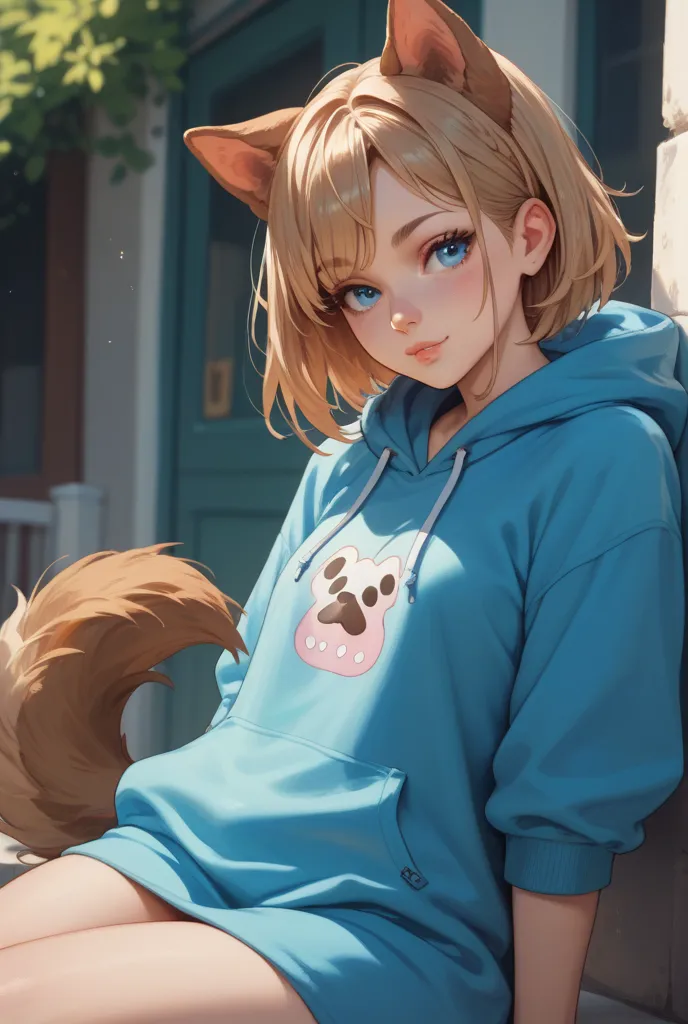  wearing dress dog ears dog tail with hoodie blue eyes