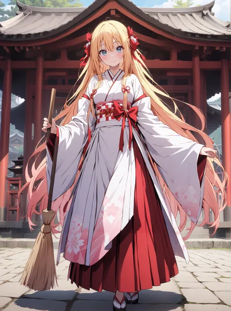 score_9, score_8_up, score_7_up,  source_anime, chitoge kirisaki, long hair, blue eyes, blond hair,hair ribbon ,  o, very long hair, multicolored hair, Red Ribbon, gradation hair, medium chest,Shrine maiden,  Japanese Clothes,  white kimono , kimono, Red H...