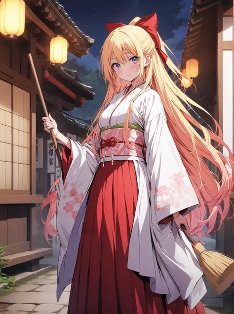 score_9, score_8_up, score_7_up,  source_anime, chitoge kirisaki, long hair, blue eyes, blond hair,hair ribbon ,  o, very long hair, multicolored hair, Red Ribbon, gradation hair, medium chest,Shrine maiden,  Japanese Clothes,  white kimono , kimono, Red H...