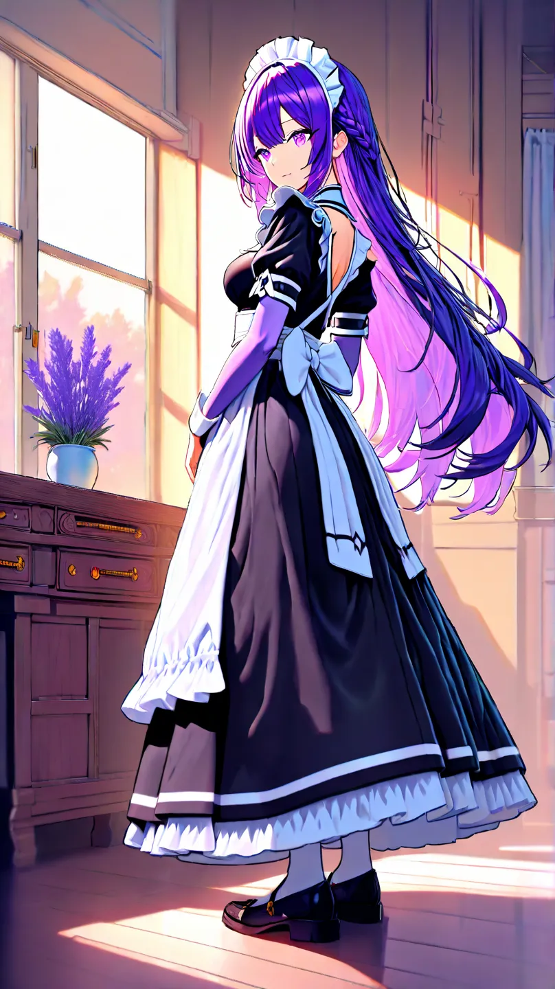 1 girl,long hair, lavender color hair,lavender color eyes,,medium breasts,

 at afternoon,in room,




,from behind ,full body, 

smiling,standing,wearing maid uniform,long skirt,


best quality, best quality,ultra detailed,high resolution,super detailed s...