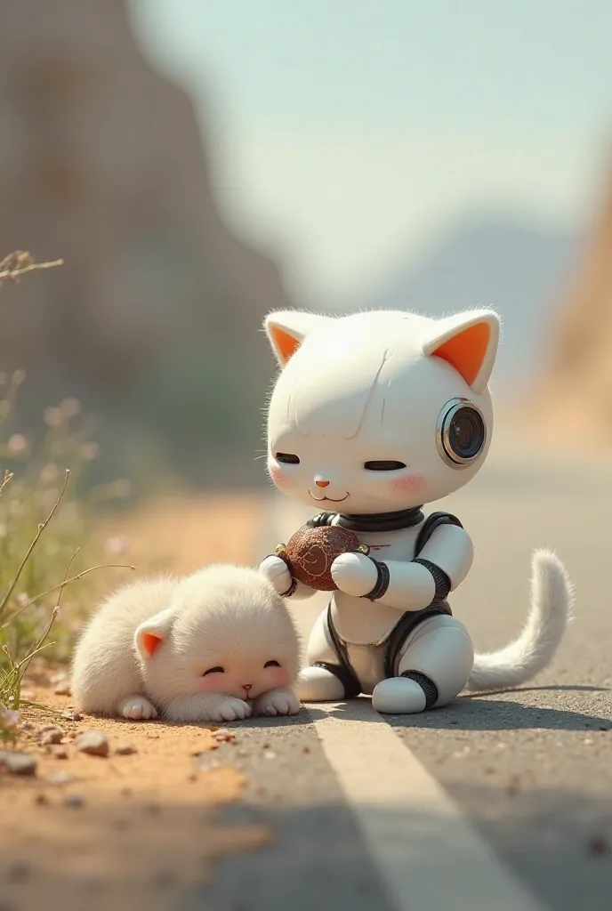 A little   was lying on the side of a road, crying, when a white robot cat picked him up and gave him a chocolate.