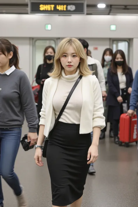 A Japanese woman walks through a crowded Tokyo train station、with medium blond hair, wearing a short white coat、I'm wearing a turtleneck knit underneath my coat、Composition from Shomen showing them wearing a tight black mermaid long skirt、The skirt has a s...