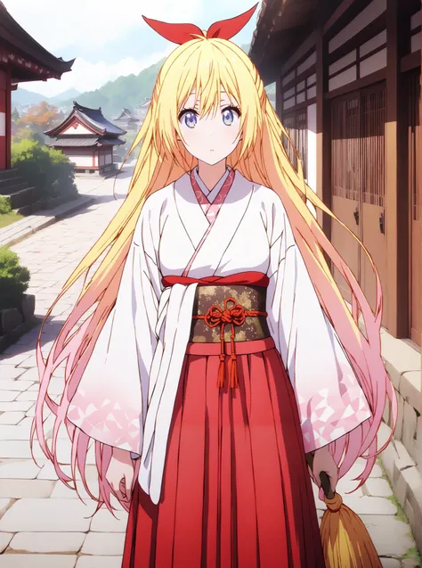 score_9, score_8_up, score_7_up,  source_anime, chitoge kirisaki, long hair, blue eyes, blond hair,hair ribbon ,  o, very long hair, multicolored hair, Red Ribbon, gradation hair, medium chest,Shrine maiden,  Japanese Clothes,  white kimono , kimono, Red H...