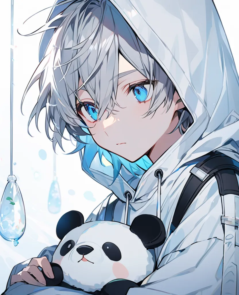 Alone、Gray Hair、blue eyes、About 、boy、white hoodie、have a stuffed panda、upper body