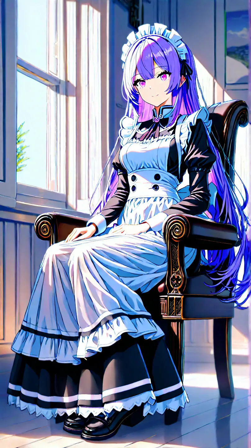 1 girl,long hair, lavender color hair,lavender color eyes,,medium breasts,

 at afternoon,in room,




,full body, 

smiling,sitting on chair,wearing maid uniform,long skirt,


best quality, best quality,ultra detailed,high resolution,super detailed skin,d...