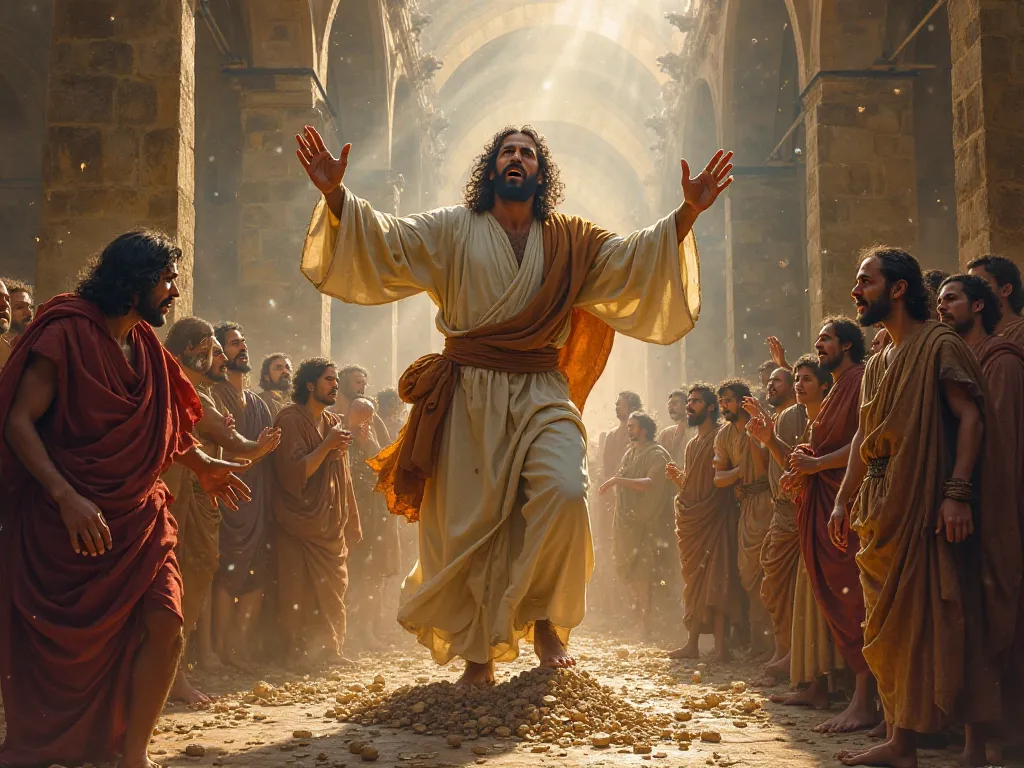 Jesus enraged breaking havoc inside the temple where the Pharisees are selling peddling their false amulets 