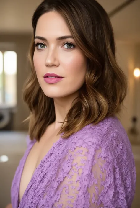 best quality, highres, 8k, masterpiece, photography, detailed midbody photorealistic portrait. Mandy Moore channels imperial luxury in a lavender silk bralette set with intricate lilac floral lace detailing, high-waisted panties, and a matching sheer robe ...