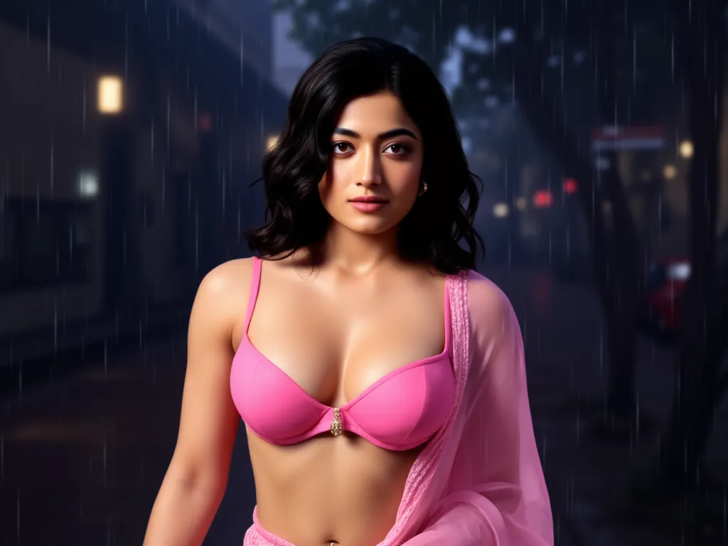 full body,front view,big boobs,under boobs,cleavage,indian,standing position,transparent pink saree,pink cleavage bra,ring navel,body facing to camera,smile,night,light raining,red lipstick