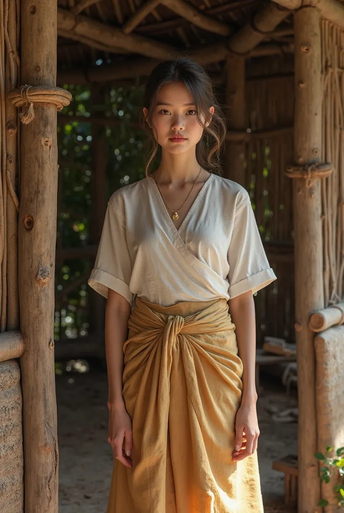 A young woman standing inside a hut wearing a blouse and chedi