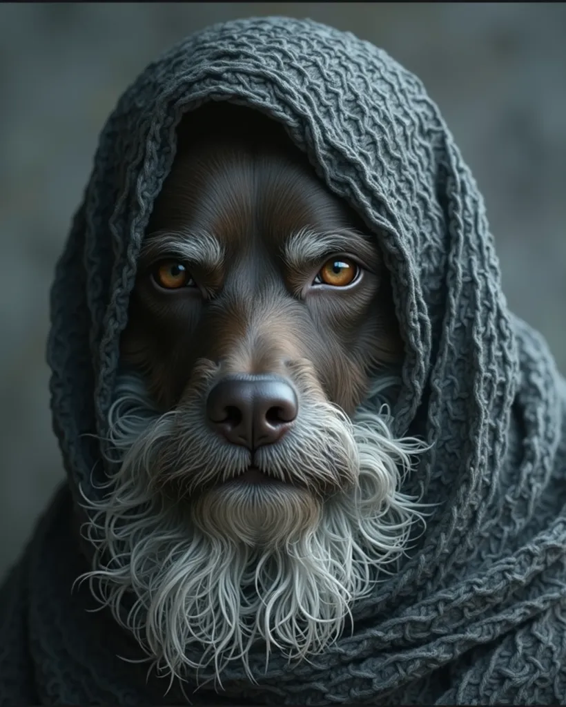 anthropomorphic dog ,  photo realistic,silver fox terrier poses looking at the camera, expressive sad eyes, Drooping eyelids. details глаз, details текстуры шерсти,professional close-up portrait photo, with an old dark gray shawl on her head, исключительна...