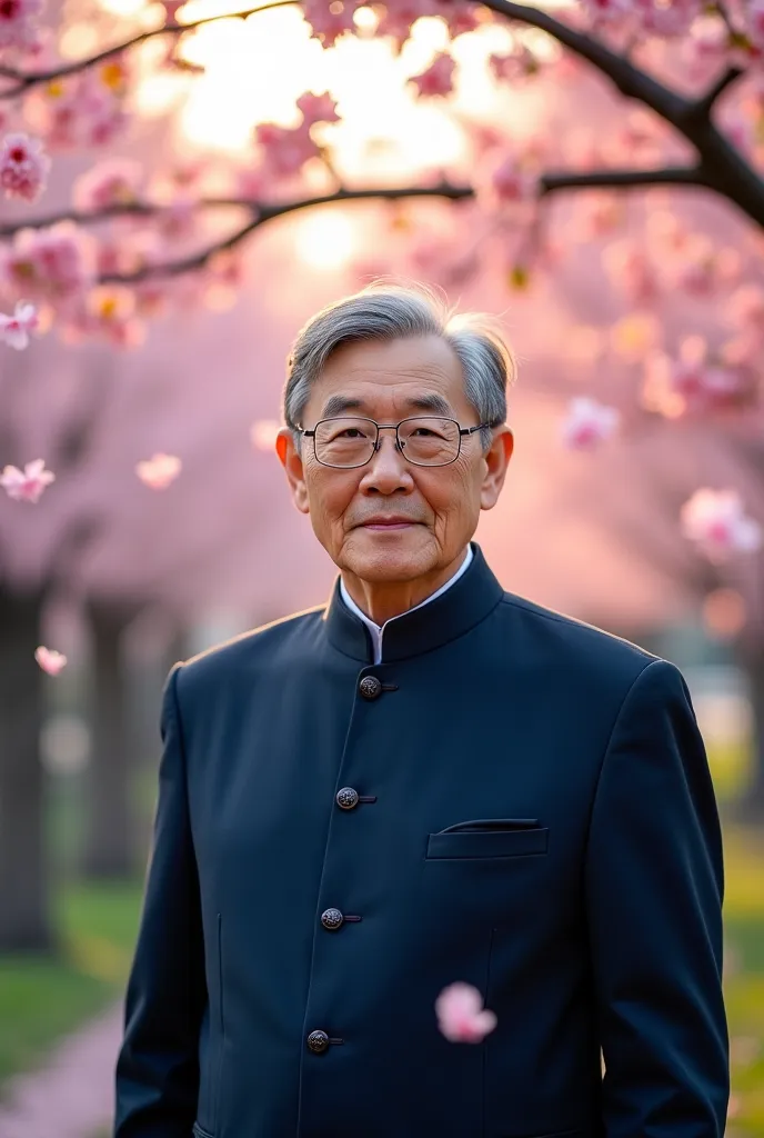 A distinguished 70-year-old Chinese man, standing in a scenic park filled with cherry blossoms. He wears a stylish dark blue mandarin-collared jacket, with silver-rimmed glasses resting on his nose. His salt-and-pepper hair is neatly combed back, and he ha...