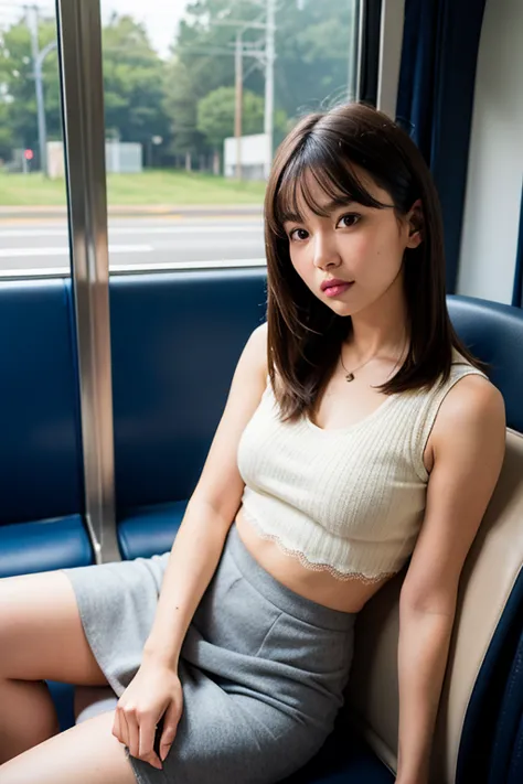 A young woman of Asian descent, seated on a dark-colored seat, likely in a public transport vehicle. She is positioned in the center of the image, facing the viewer directly.  She appears to be in her late s or early twenties.  The woman is wearing a black...