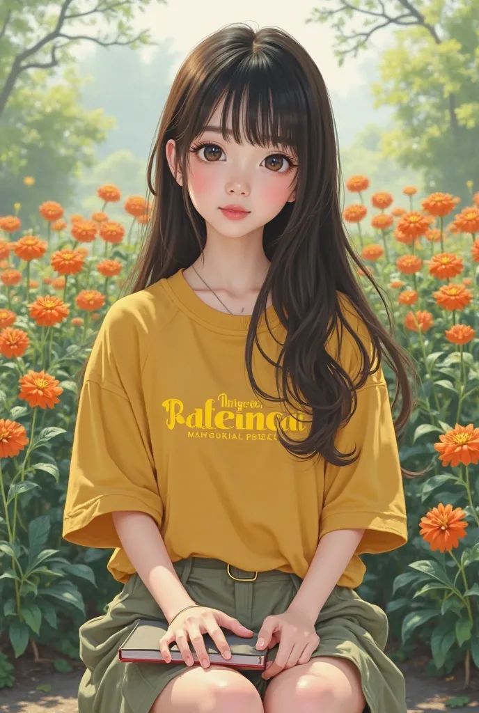 It shows a white Korean girl with long hair and bangs wearing a yellow shirt with yellow lettering and a short skirt sitting in a flower garden holding a book, flower garden background,Realistic original photo