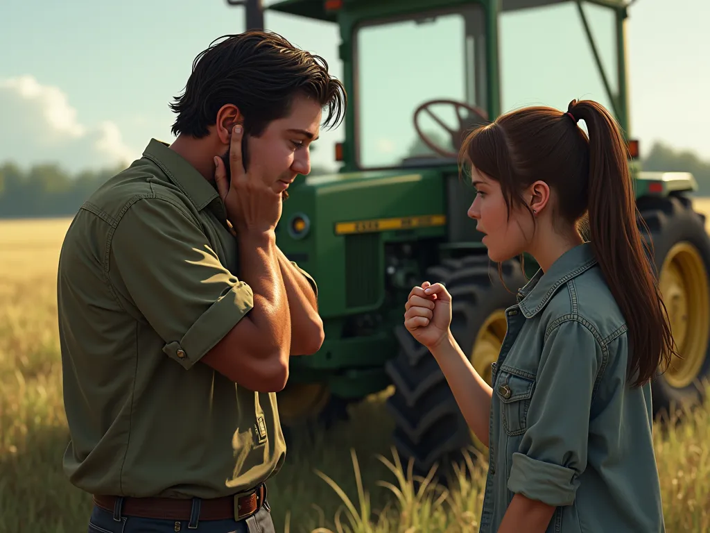 The guy hugs the tractor,  cries, in the field. In the background, an upset girl , shows a fak to a girl 